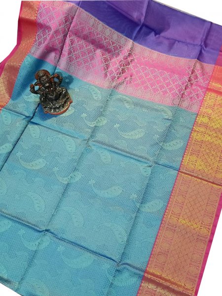 Ocean green, red and pink kora silk saree with kuppatam border